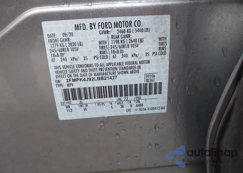 2020 Ford Edge Sel из США, поврежденный, VIN 2FMPK4J92LBB21477